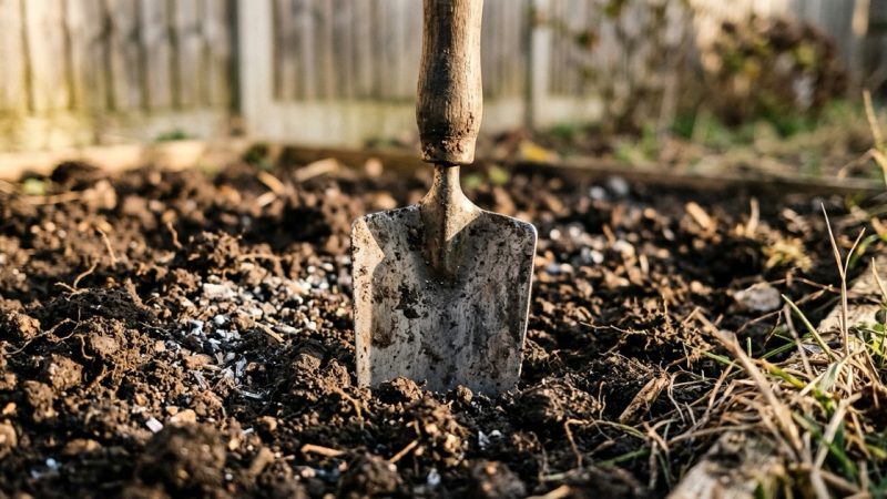 A garden trowel standing upright in dark turned soil in a residential yard bed, low morning sunlight picking out grit and pale flecks of ash.