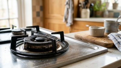 A cast-iron gas burner on a stainless steel hob in a home kitchen, with a wooden chopping board, a stoneware mug and a folded tea towel on the counter beside it in window light.