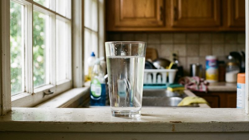 A plain glass of clear water on a worn kitchen windowsill in morning light, an ordinary sink and cupboards behind it. Arsenic is colorless and tasteless, and the level that doubled risk in this study is one your utility is legally allowed to deliver.
