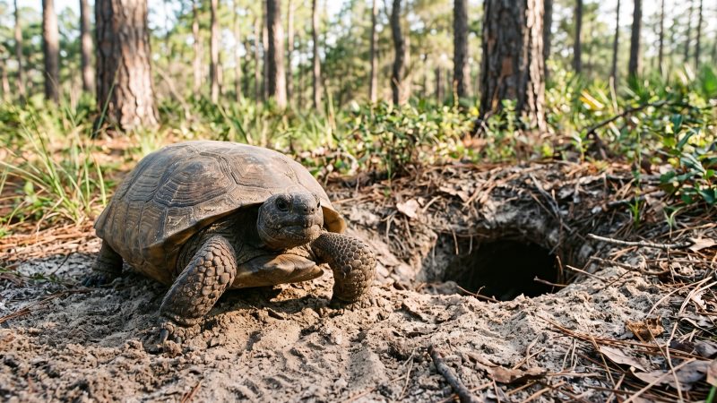 A gopher tortoise standing at the sandy mouth of its burrow in open longleaf pine woods.