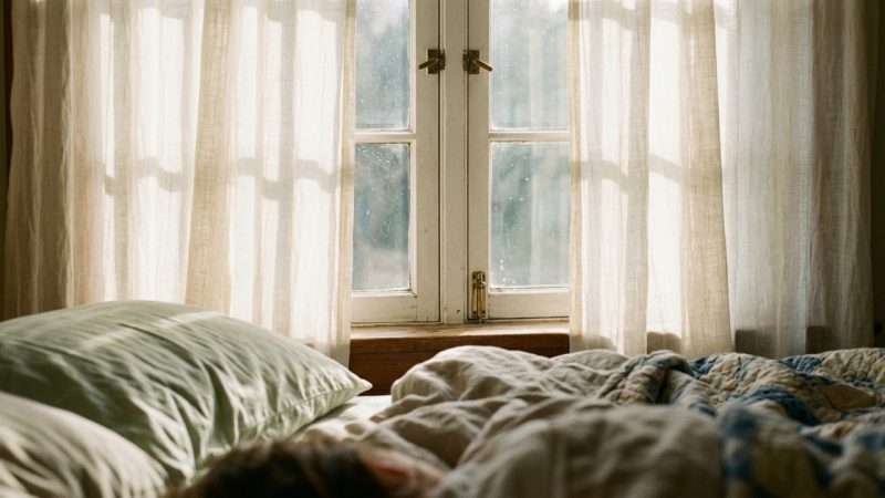 A closed bedroom window at night seen from inside, with streetlight bleeding orange through thin curtains and the edge of a pillow soft in the foreground.
