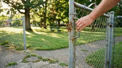 A close crop of an adult hand pushing open a weathered chain-link gate in a low fence where a cracked sidewalk meets the mown grass of a neighborhood park, in warm late-afternoon light.