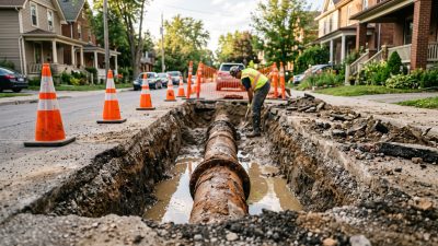 An open trench in a residential street exposing a corroded cast iron water main with water pooling around it.