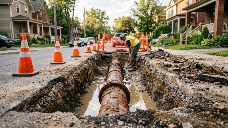 An open trench in a residential street exposing a corroded cast iron water main with water pooling around it.