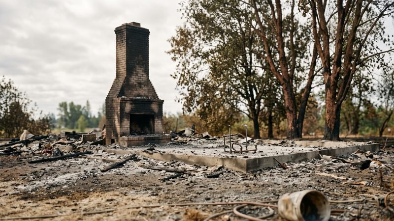 The concrete foundation and standing chimney of a burned house, with gray ash covering the surrounding yard.