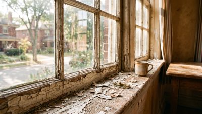 Peeling layers of old paint on the wooden window frame and sill of an aging apartment, with paint chips on the sill.