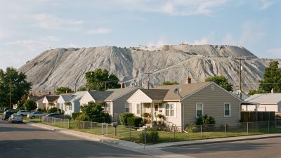 A large pale gray waste mound rising on the horizon behind a row of single-story homes and a chain link fence.