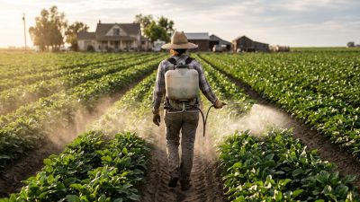 A farm worker carrying a backpack sprayer walks between rows of crops as fine mist drifts across the field.