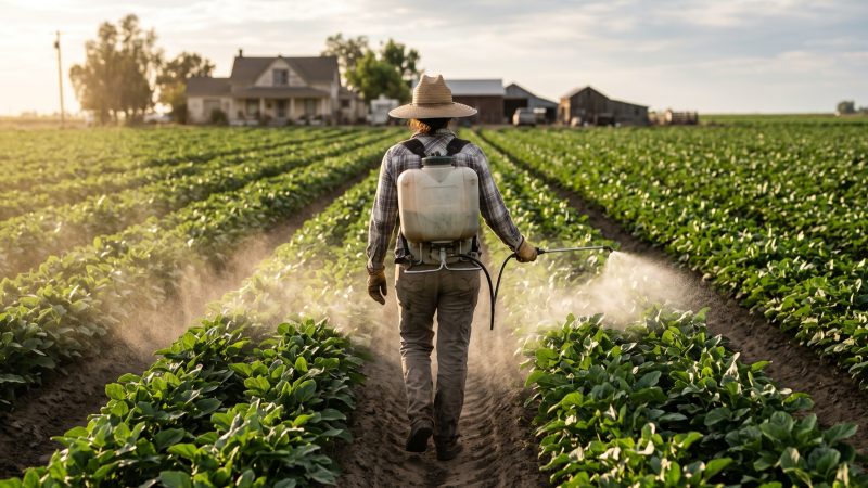 A farm worker carrying a backpack sprayer walks between rows of crops as fine mist drifts across the field.
