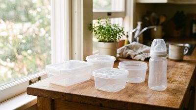 Plain clear plastic food storage containers and a baby bottle on a wooden kitchen counter near a window.