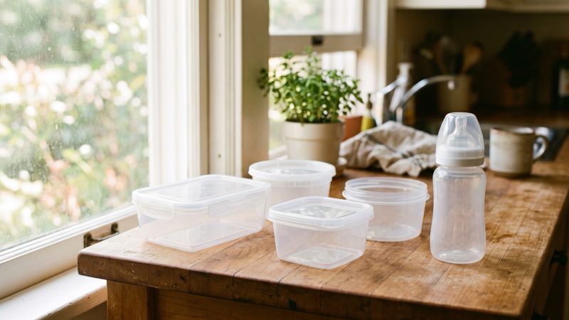 Plain clear plastic food storage containers and a baby bottle on a wooden kitchen counter near a window.