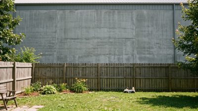 A suburban back yard and wooden fence with a large windowless industrial building rising directly behind it.