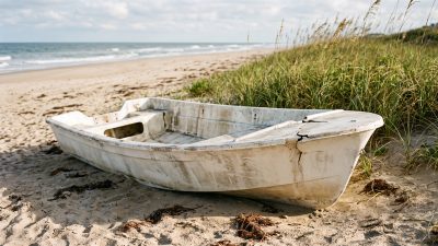 A weathered abandoned boat lying half-buried on a sandy beach below a grassy dune.