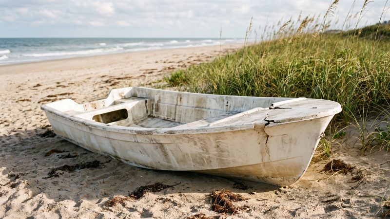 A weathered abandoned boat lying half-buried on a sandy beach below a grassy dune.