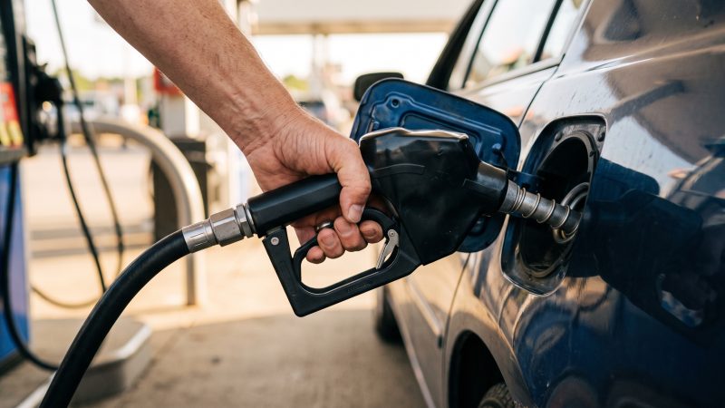 A hand holding a fuel nozzle in a car's filler neck at a gas station in daylight.
