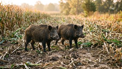 Two feral hogs standing in a trampled cornfield among broken stalks and churned soil.