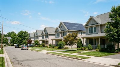 A row of near-identical suburban roofs with solar panels on a single house