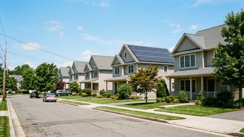 A row of near-identical suburban roofs with solar panels on a single house