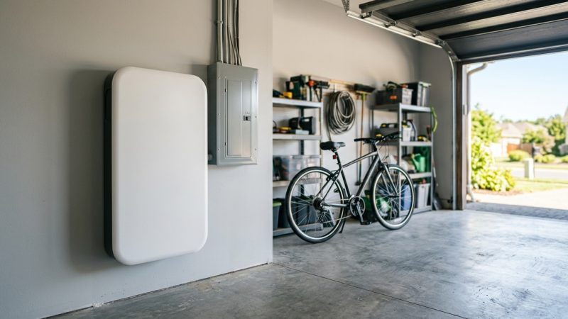 A wall-mounted home battery unit in a tidy garage with daylight from an open door