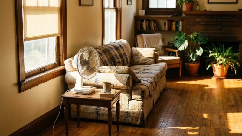 A sunlit living room on a hot afternoon with a small desk fan and hard light falling across the floor
