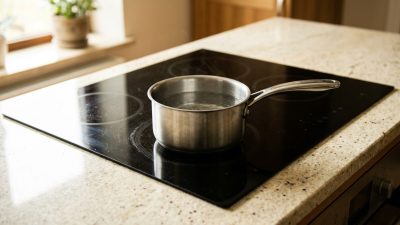 A plain black induction hob set into a speckled stone counter in an ordinary kitchen, one steel pan of water on the near ring and morning light across the surface. Nothing burns here, which is the whole point: the nitrogen dioxide that comes off a gas flame has no source in this room.