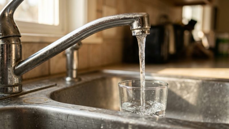 A stainless kitchen faucet running a clear stream into a plain drinking glass standing in a worn steel sink basin, lit by warm afternoon daylight from a side window.