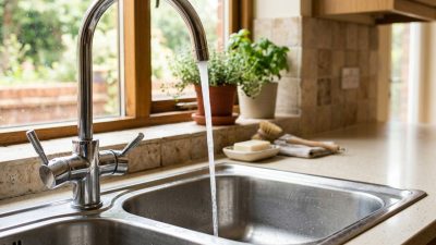 A kitchen faucet running a clear stream of water into a stainless steel sink, lit by daylight from a window above the counter.