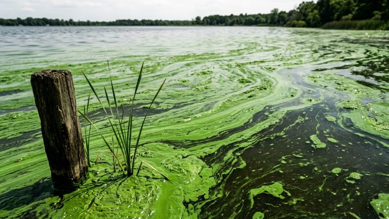 Bright green algae swirling thickly across the surface of a lake beside a weathered dock post