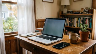 An open laptop and a face-down phone on a wooden desk beside a sunlit window
