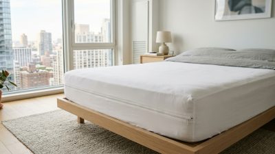 A white zippered mattress encasement on a bed in a modern condo, bedding folded back in morning light. On its own this changed nothing measurable; it counted only as one item in a bundle of changes made together.