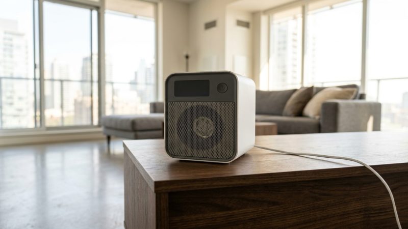 A small modern ozone generator with a matte white housing and a dark blank front panel, standing on a walnut coffee table in a contemporary condo living room with floor-to-ceiling windows behind it.