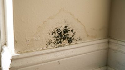 A close-up of a small patch of dark speckled mold growing on a pale painted wall just above white baseboard trim, lit by raking morning daylight, with a faint water stain above it.
