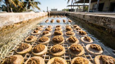 Rows of small coral fragments mounted on ceramic plugs in a shallow outdoor seawater raceway.