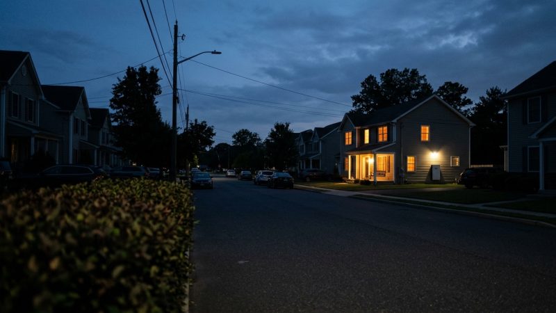 A suburban street at dusk with every house dark except one with lit windows and a wall-mounted home battery