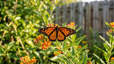 A monarch butterfly with open wings resting on an orange milkweed flower head.