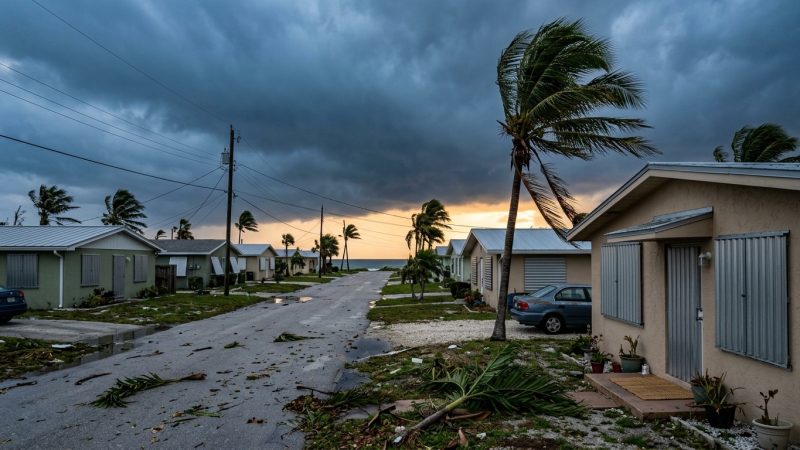 A coastal street with storm shutters closed and palms bending under a darkening sky