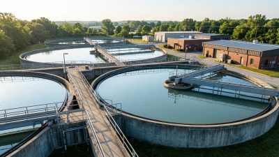 Circular settling tanks at a municipal water treatment plant seen from above in morning light