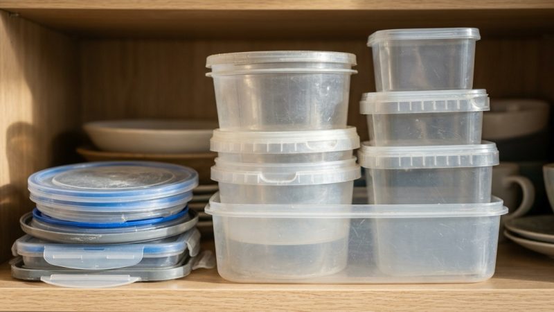 A tight stack of clear plastic food storage containers filling the frame on a cupboard shelf in a modern kitchen, lit cool blue-gray with one warm edge of daylight from the left.