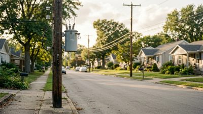 Wooden utility poles carrying distribution lines along a quiet residential street in afternoon daylight, a gray pole-mounted transformer above. FCC rules cover transmitters, not these, and the wiring inside your walls runs at a frequency they never reach.