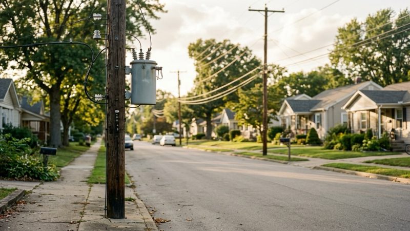 Wooden utility poles carrying distribution lines along a quiet residential street in afternoon daylight, a gray pole-mounted transformer above. FCC rules cover transmitters, not these, and the wiring inside your walls runs at a frequency they never reach.