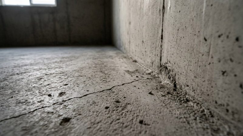 A bare concrete basement floor meeting a poured foundation wall, with a hairline crack running across the slab in pale daylight from a small window above.