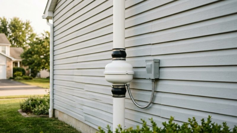 A white radon mitigation fan spliced inline on a white PVC vent pipe running up the pale siding of a well-kept house, with a short flexible conduit feeding a small weatherproof disconnect box beside it.