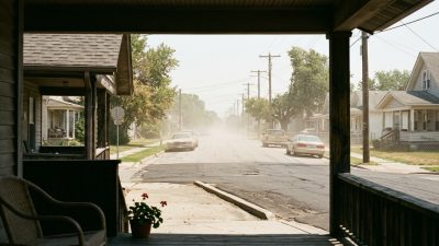 A residential street on a hot still afternoon, the far end dissolving into heat shimmer under a bleached sky. Ozone peaks on days that look exactly like this one, and there may be no monitor within fifty miles of it.