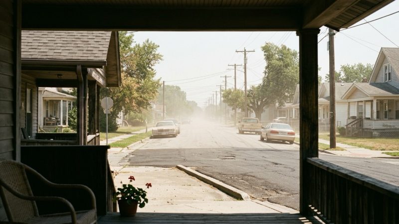 A residential street on a hot still afternoon, the far end dissolving into heat shimmer under a bleached sky. Ozone peaks on days that look exactly like this one, and there may be no monitor within fifty miles of it.