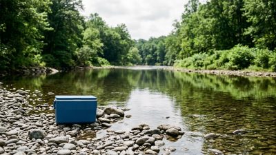 A shallow cobbled river with green wooded banks and a plain blue cooler box resting at the water's edge