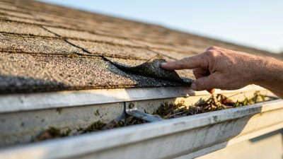 Looking up from the ground at the eave of an ordinary house in warm late-afternoon light, with weathered gray-brown asphalt shingles, an aluminum drip edge and a gutter, and a bare hand reaching in to press down one lifted shingle tab.
