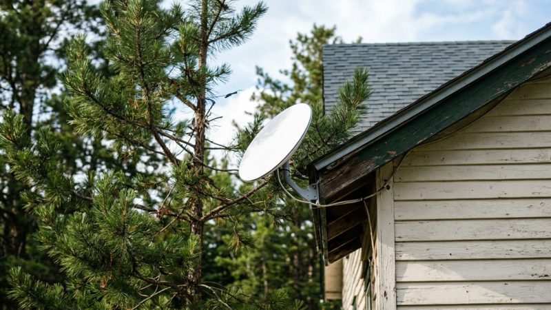 A satellite dish mounted on the eave of a rural house at dusk, pine branches rising into the frame beside it.
