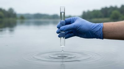A blue-gloved hand holds a clear glass sample tube of water above the calm surface of a drinking water reservoir, a single drop falling from the base of the tube and ripples spreading below it.