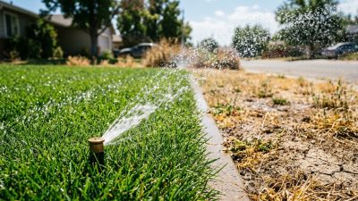 A lawn sprinkler running on bright green grass beside a brown parched verge