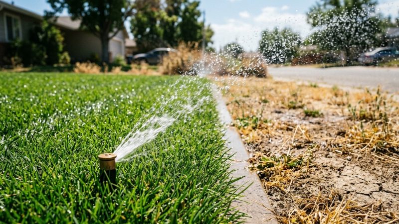 A lawn sprinkler running on bright green grass beside a brown parched verge